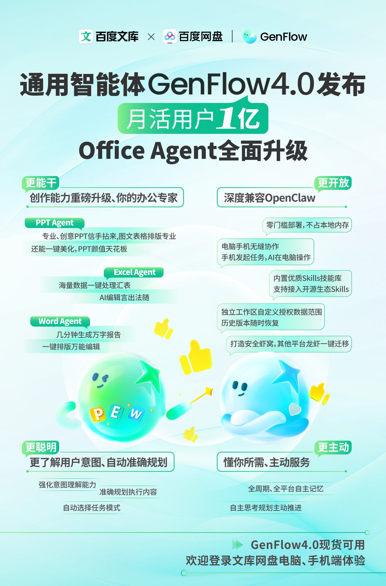 百度文库网盘发布通用智能体GenFlow4.0，全面升级Office Agent，成首个全端可用「AI工作台」