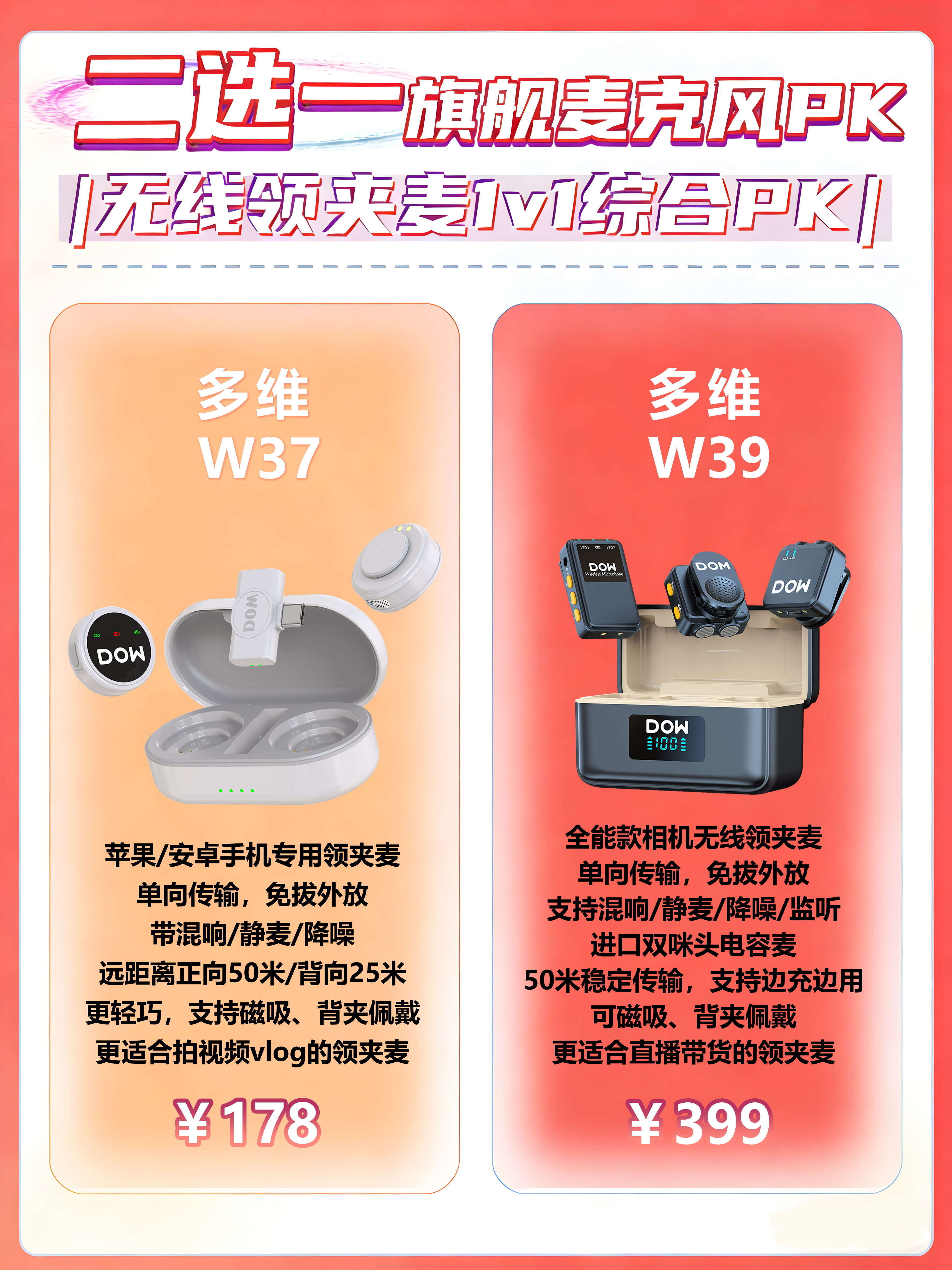 直播拍视频用什么领夹麦?从百元到旗舰,多维W37/W39/W80对比告诉你