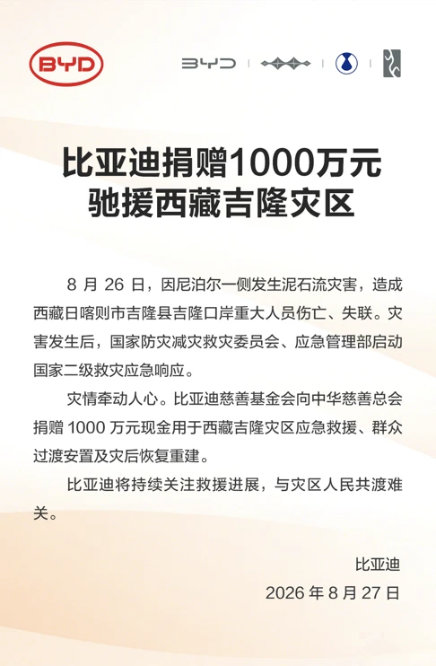 西藏吉隆遇灾，比亚迪捐赠千万驰援灾区