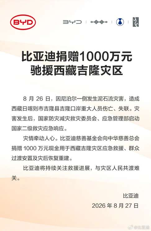 比亚迪捐赠1000万元  驰援西藏吉隆灾区