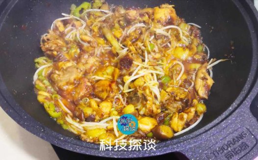 吃鸡啦，还加了土豆、青椒、茄子和豆芽，帝伯朗钛钻不粘锅挺好用